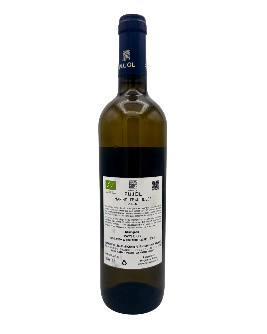 Bottle of Marins d’Eau Douce Sauvignon Blanc from Languedoc, France, a pale white wine with a fresh, clean style presented in a tall glass bottle.