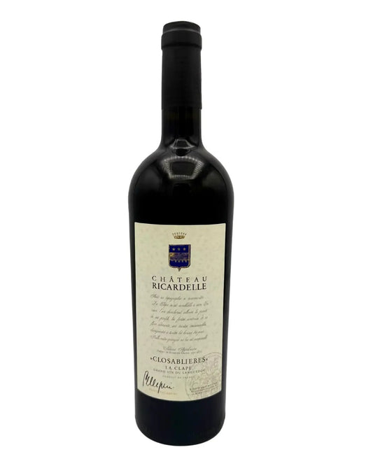 Bottle of Closablières red wine from La Clape, Languedoc, France, aged in oak with a structured, full bodied style