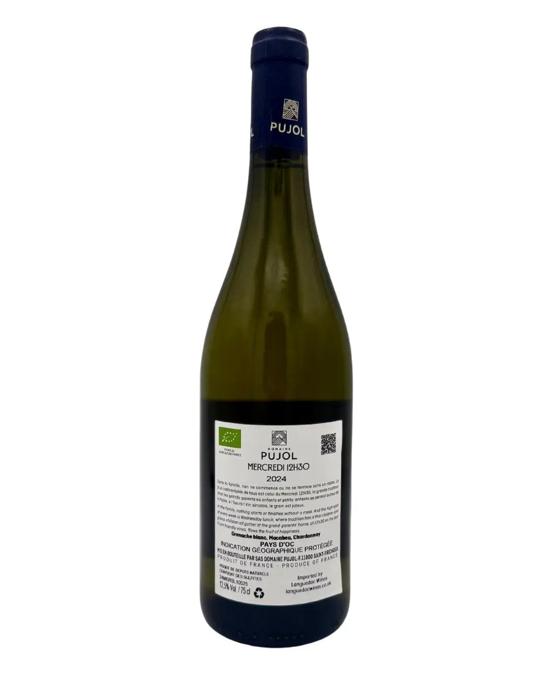 Bottle of Mercredi 12H30 White blend from Languedoc, France, made by Domaine Pujol , showing a clear golden white wine with a minimalist label.