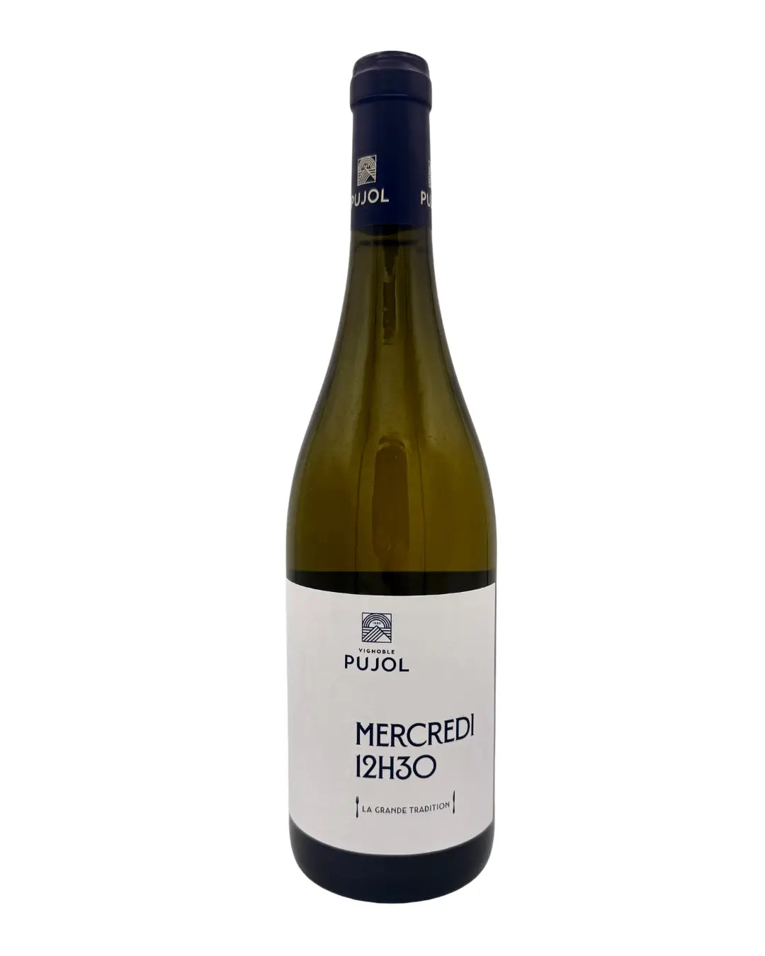 Bottle of Mercredi 12H30 White blend from Languedoc, France, made by Domaine Pujol , showing a clear golden white wine with a minimalist label.
