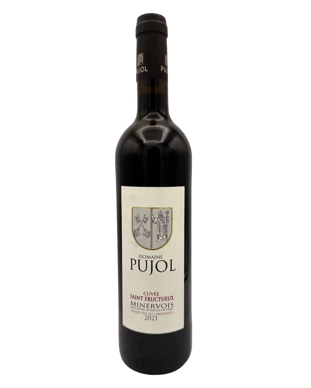 Bottle of Saint Fructueux red wine from Languedoc, France, a structured red blend showing deep ruby colour, with aromas of dark fruit and spice, produced by a family run vineyard and presented with a traditional label