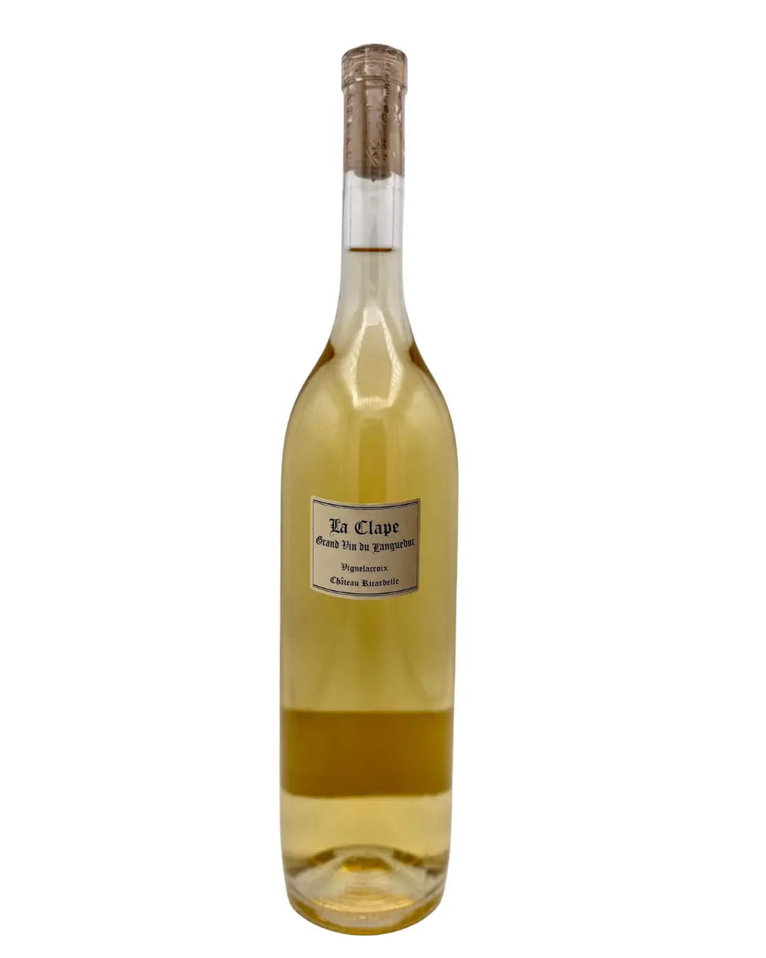 Bottle of La Clape Vignelacroix white wine from Languedoc, France, a blend of Bourboulenc, Roussanne, Picpoul, and Vermentino, aged briefly in oak.