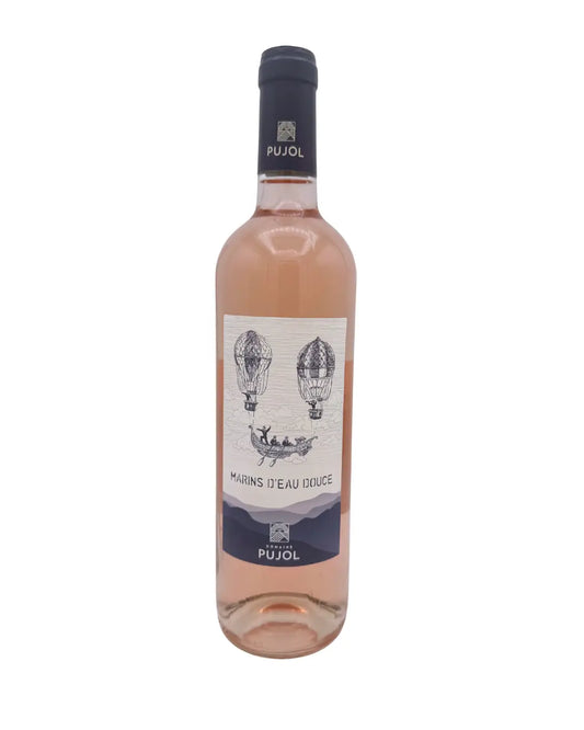 Bottle of Marins d’Eau Douce Rosé from Languedoc, France, an organic rosé made from Syrah, Caladoc, and Carignan grapes.
