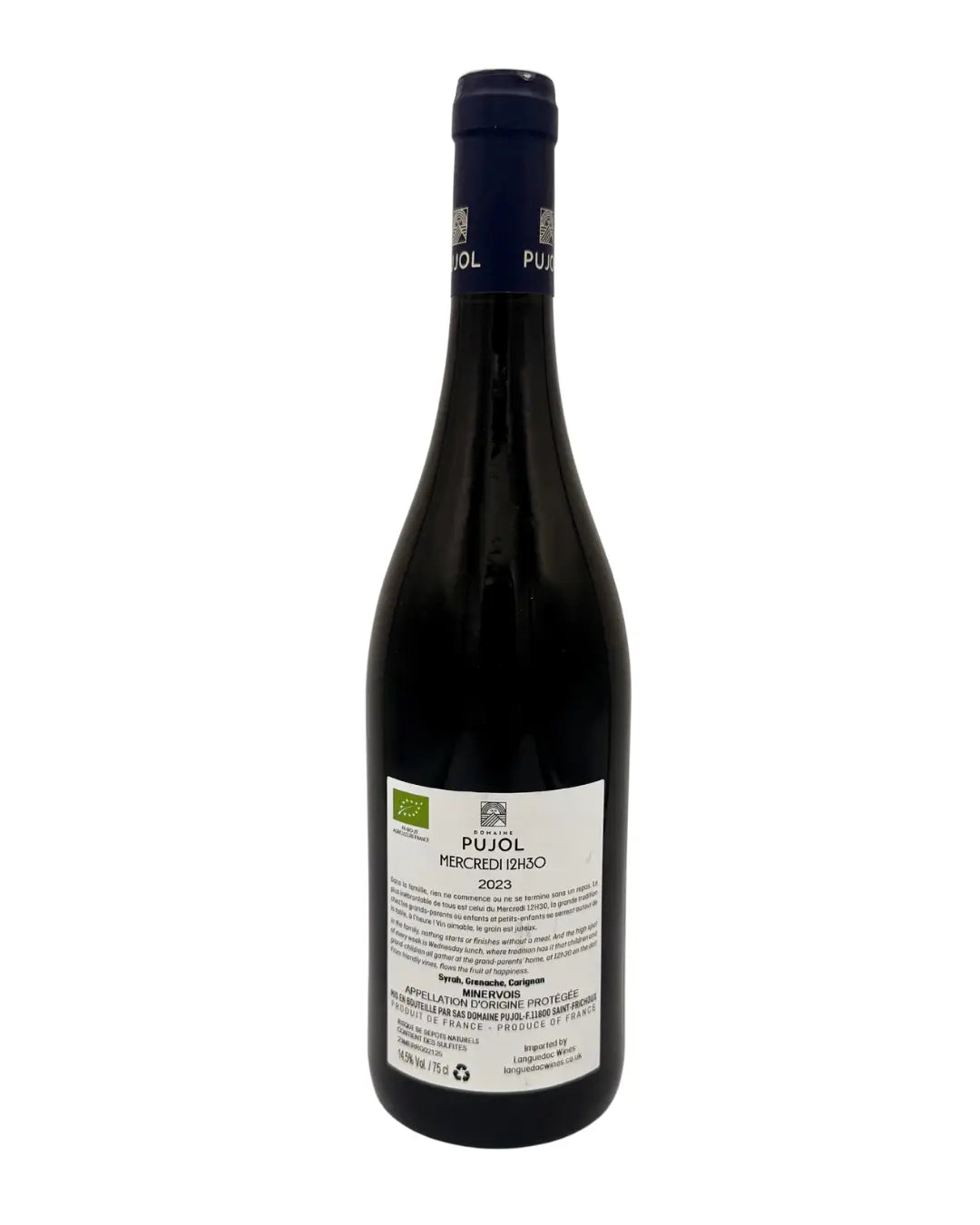 Bottle of Mercredi 12h30 red wine from Languedoc, France, a medium bodied red showing deep ruby colour with aromas of dark berries and spice, produced by a family run vineyard Domaine Pujol and presented with a minimalist label.