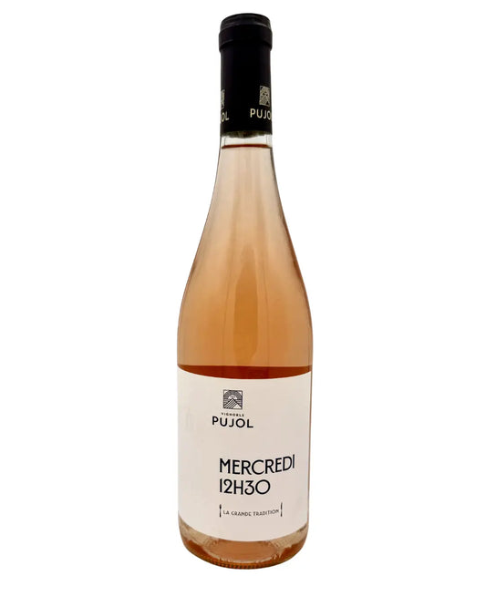 Bottle of Mercredi 12H30 Rosé from Languedoc, France, a pale pink Minervois rosé made from Syrah and Cinsault grapes.