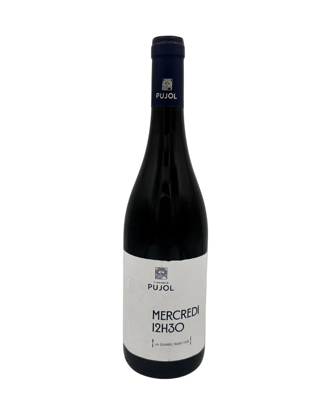 Bottle of Mercredi 12h30 red wine from Languedoc, France, a medium bodied red showing deep ruby colour with aromas of dark berries and spice, produced by a family run vineyard Domaine Pujol and presented with a minimalist label.
