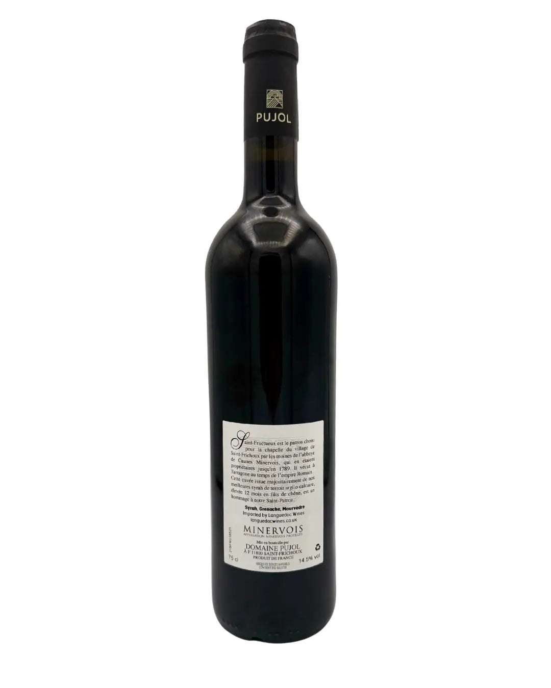 Bottle of Saint Fructeux red wine from Languedoc, France, a structured red blend showing deep ruby colour, with aromas of dark fruit and spice, produced by a family run vineyard and presented with a traditional label