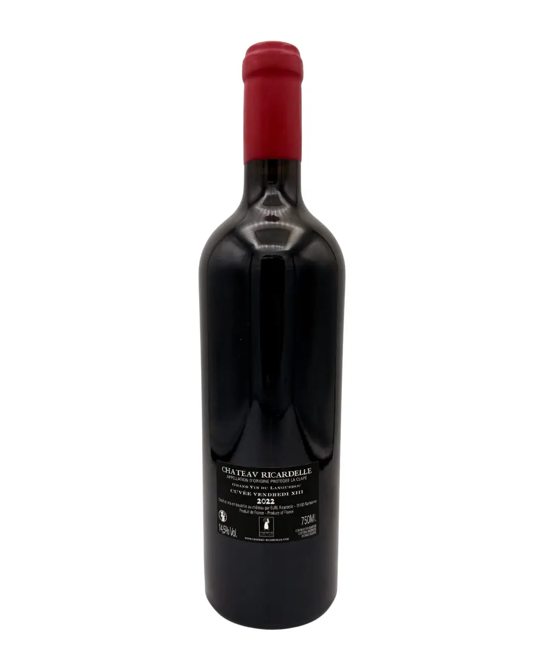 Bottle of Vendredi XIII red wine from La Clape, Languedoc, France, a bold blend aged in oak and Flextank with a premium label.