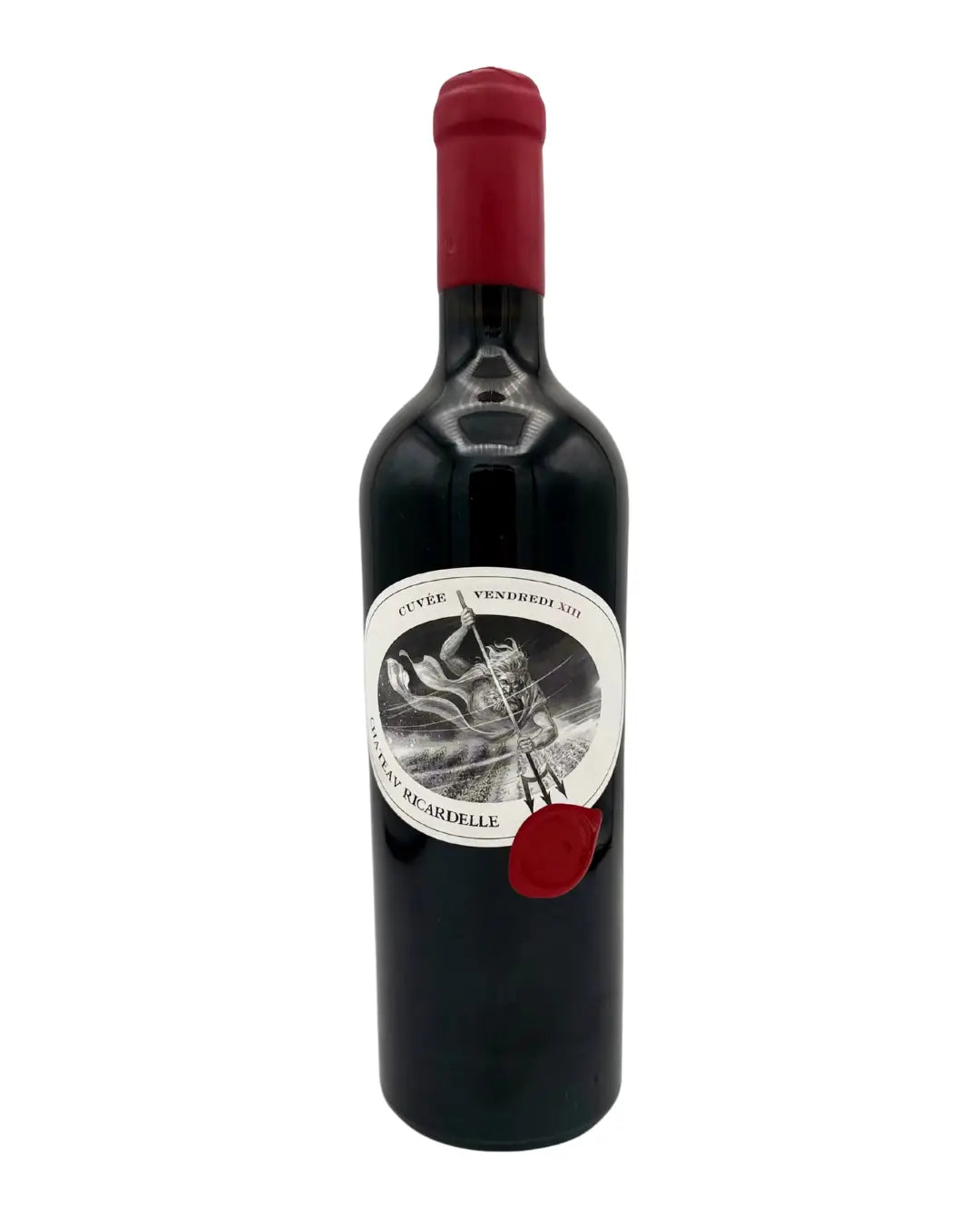 Bottle of Vendredi XIII red wine from La Clape, Languedoc, France, a bold blend aged in oak and Flextank with a premium label.
